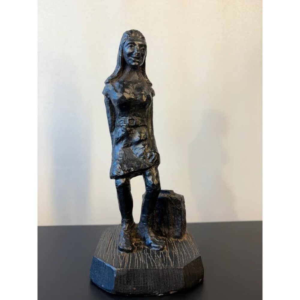 Anthracite Coal Sculpture Girl with Suitcase Handcrafted From Coal Folk Art